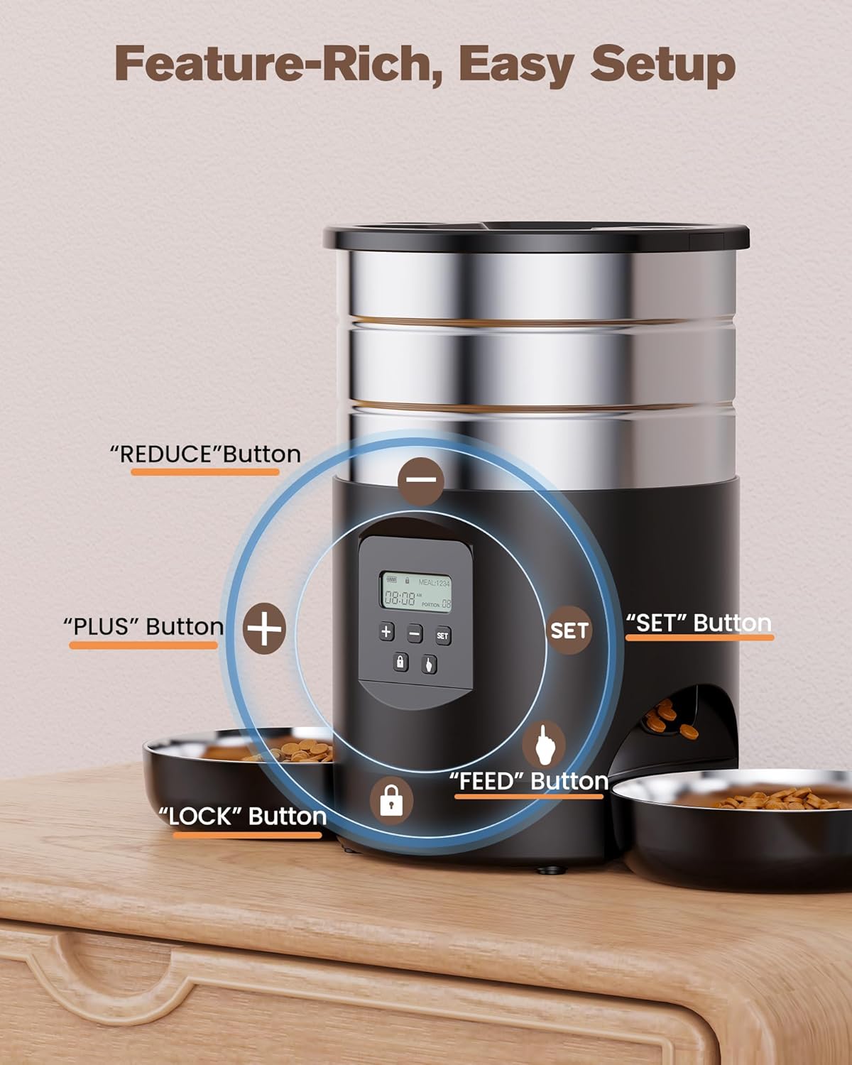 Automatic Cat Feeder For 2 Cats - Stainless Steel Cat Food Dispenser for Fresh Dry Food with Timer - 5L Electric Pet Feeder with Double Bowls Indoor- Auto Small Dog Feeder Dual Power - Button Control