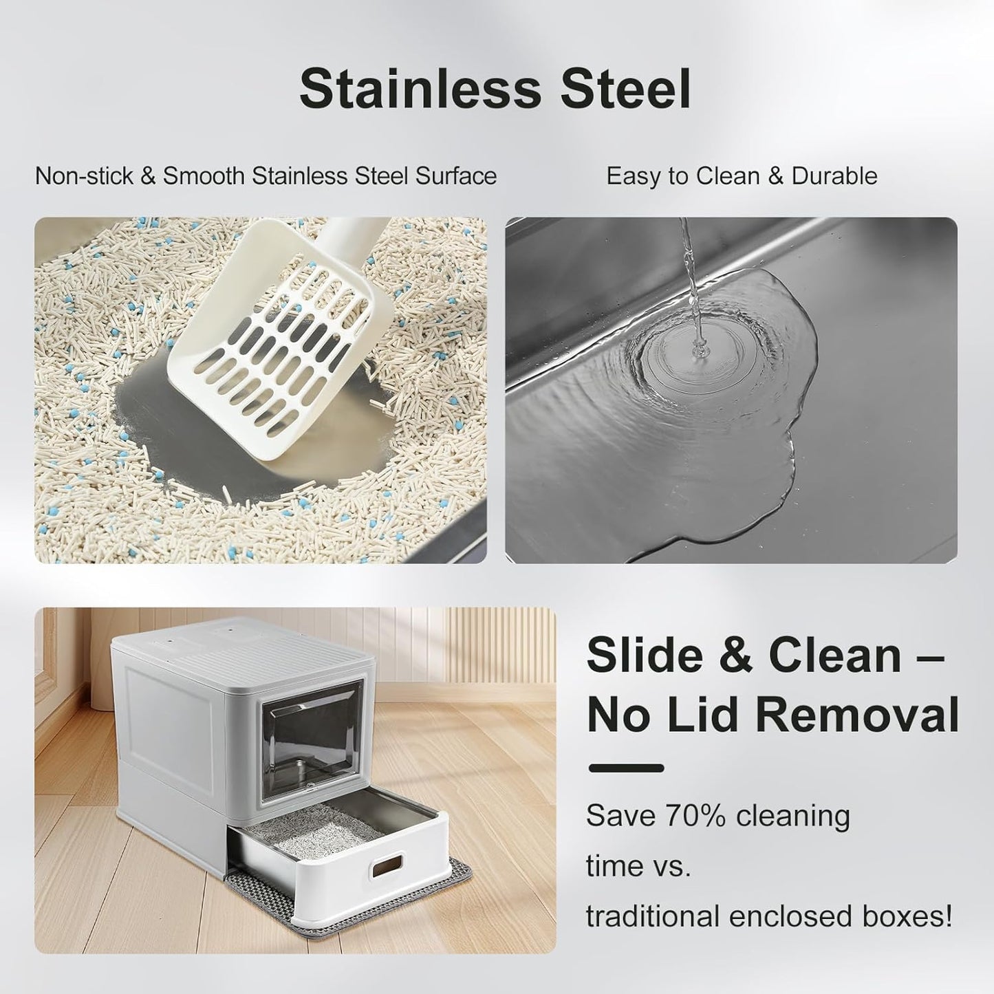 Cat Litter Box, Enclosed Stainless Steel Cat Litter Box with Lid & Drawer Design, Litter Tray with lid for Indoor Cats, Baffles for Anti-Leakage, with Scoop & Mat, Smell Free