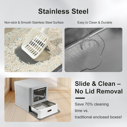 Cat Litter Box, Enclosed Stainless Steel Cat Litter Box with Lid & Drawer Design, Litter Tray with lid for Indoor Cats, Baffles for Anti-Leakage, with Scoop & Mat, Smell Free