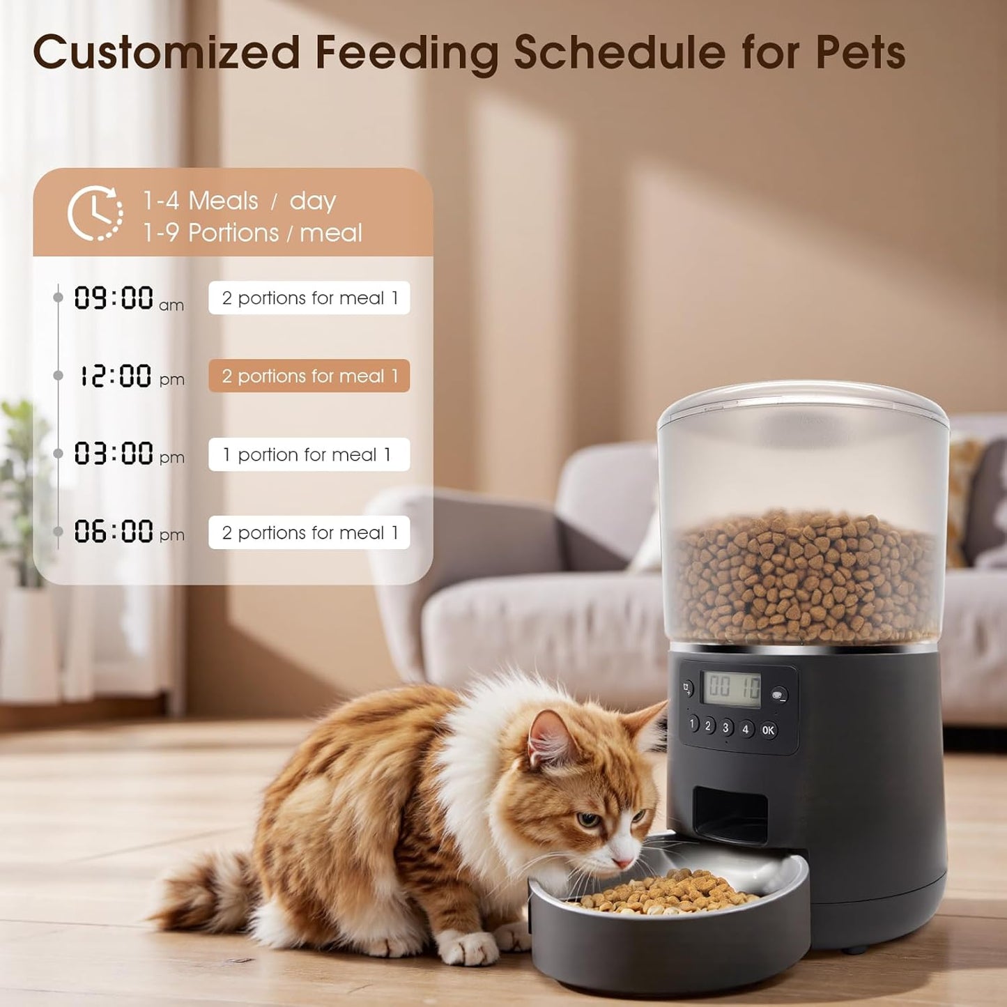 Automatic Cat Feeder with Timer - 3-4L Large Capacity,Cat Food Dispenser,Programmable 4 Meals Daily,Precise Portion Control,Ideal for Cats and Pets