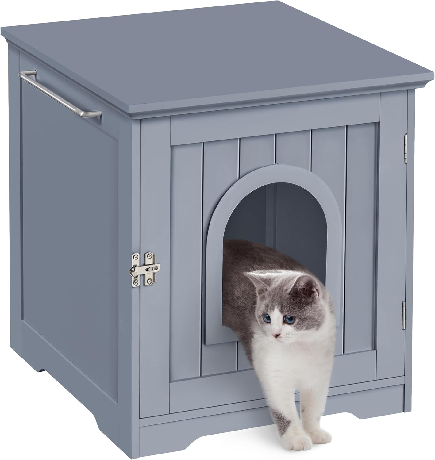 Litter Box Enclosure, Indoor Wooden Cat House for Bathroom, Bedroom & Living Room, White Washroom Litter Cabinet with Holes, Door Latch & Side Bar