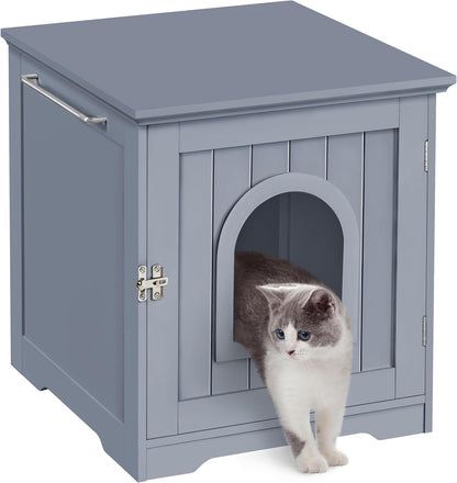 Litter Box Enclosure, Indoor Wooden Cat House for Bathroom, Bedroom & Living Room, White Washroom Litter Cabinet with Holes, Door Latch & Side Bar