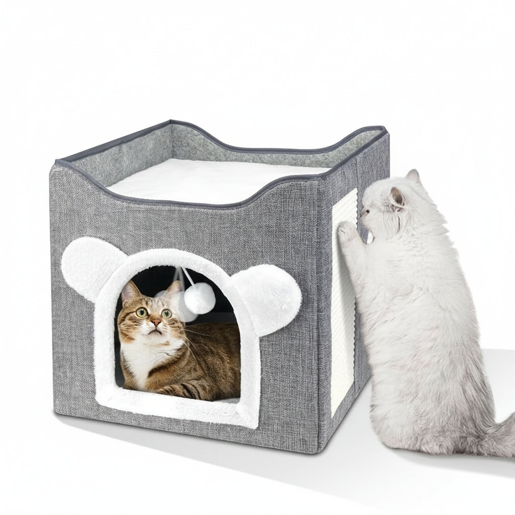 Cat Beds, Large Cat Cave for Pet House with Fluffy Ball Hanging and Scratch Pad, Houses & Condos, Cubes, Hideaway, Covered Bed for Multi Small Pet Large Kitty