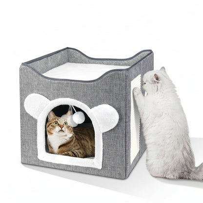 Cat Beds, Large Cat Cave for Pet House with Fluffy Ball Hanging and Scratch Pad, Houses & Condos, Cubes, Hideaway, Covered Bed for Multi Small Pet Large Kitty