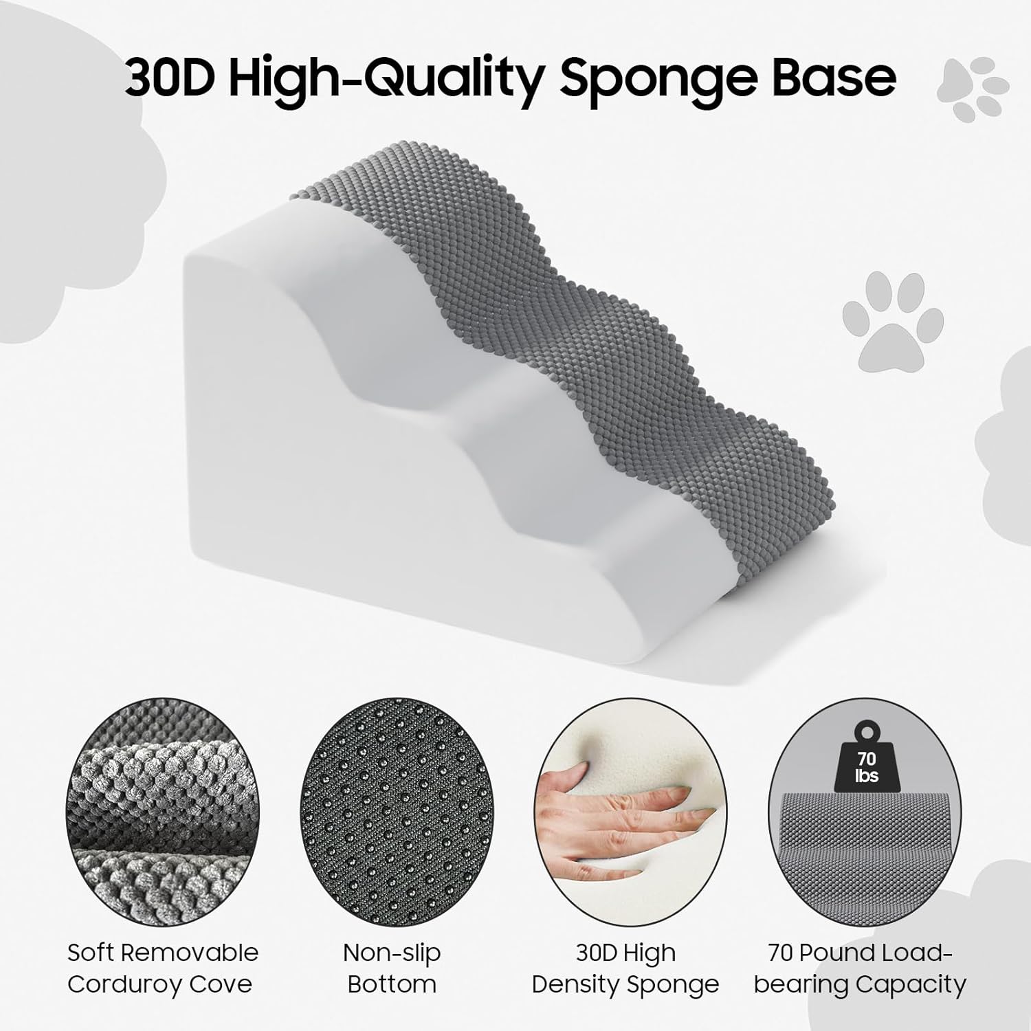Pet Stairs for Small Dogs & Cats – Comfortable Curved Design, Waterproof Cover, High-Density Foam Steps, Durable & Lightweight, 3-Layer Structure, 21.7 x 15.7 x 13.8 Inches – Grey