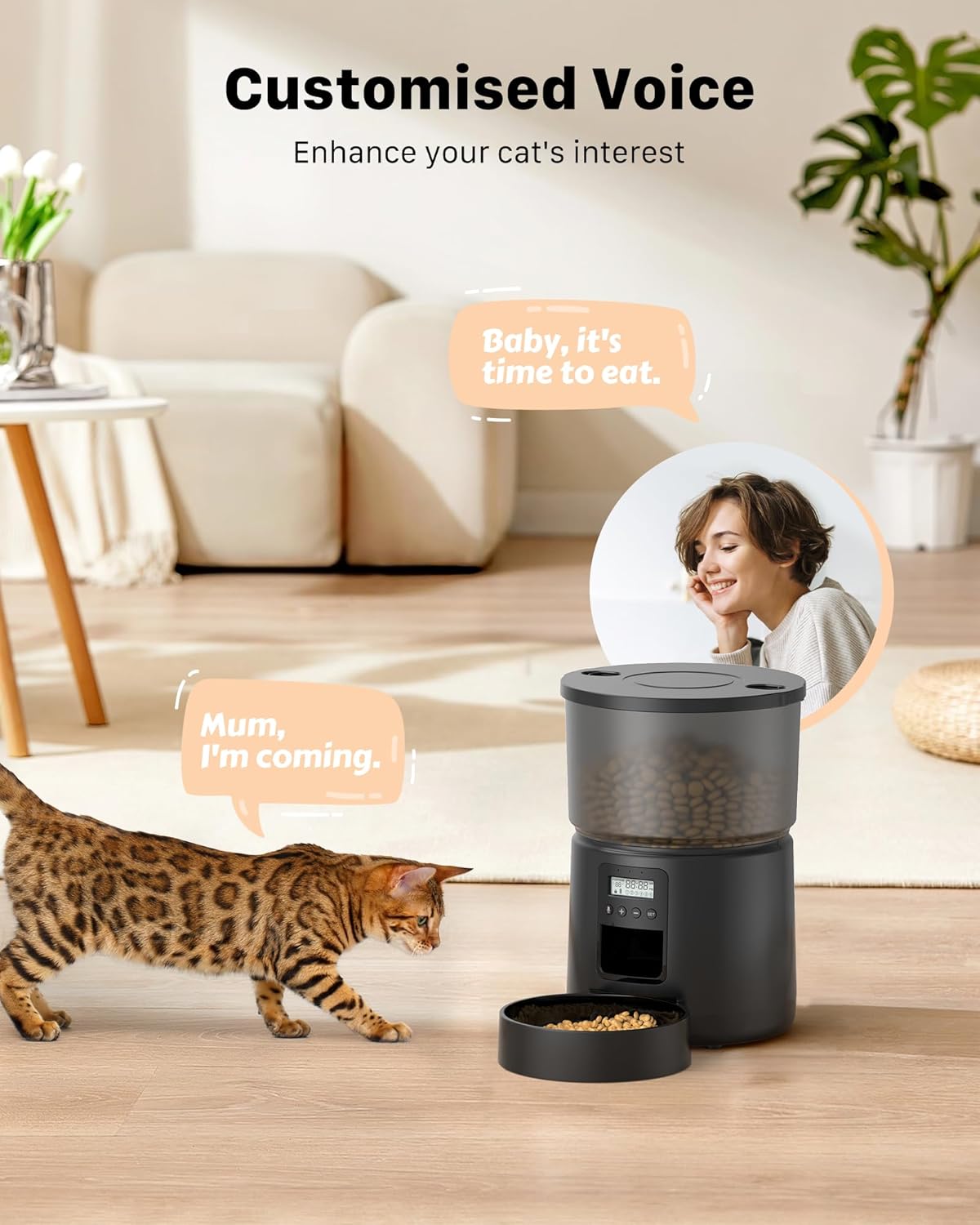 Automatic Cat Feeder Dry Food: Cat Feeder with Timer - Pet Food Dispenser Button Control 1-6 Meals - 3L Auto Dog Bowl with Customize Feeding Schedule - 10s Voice Recorder - Contains Desiccant