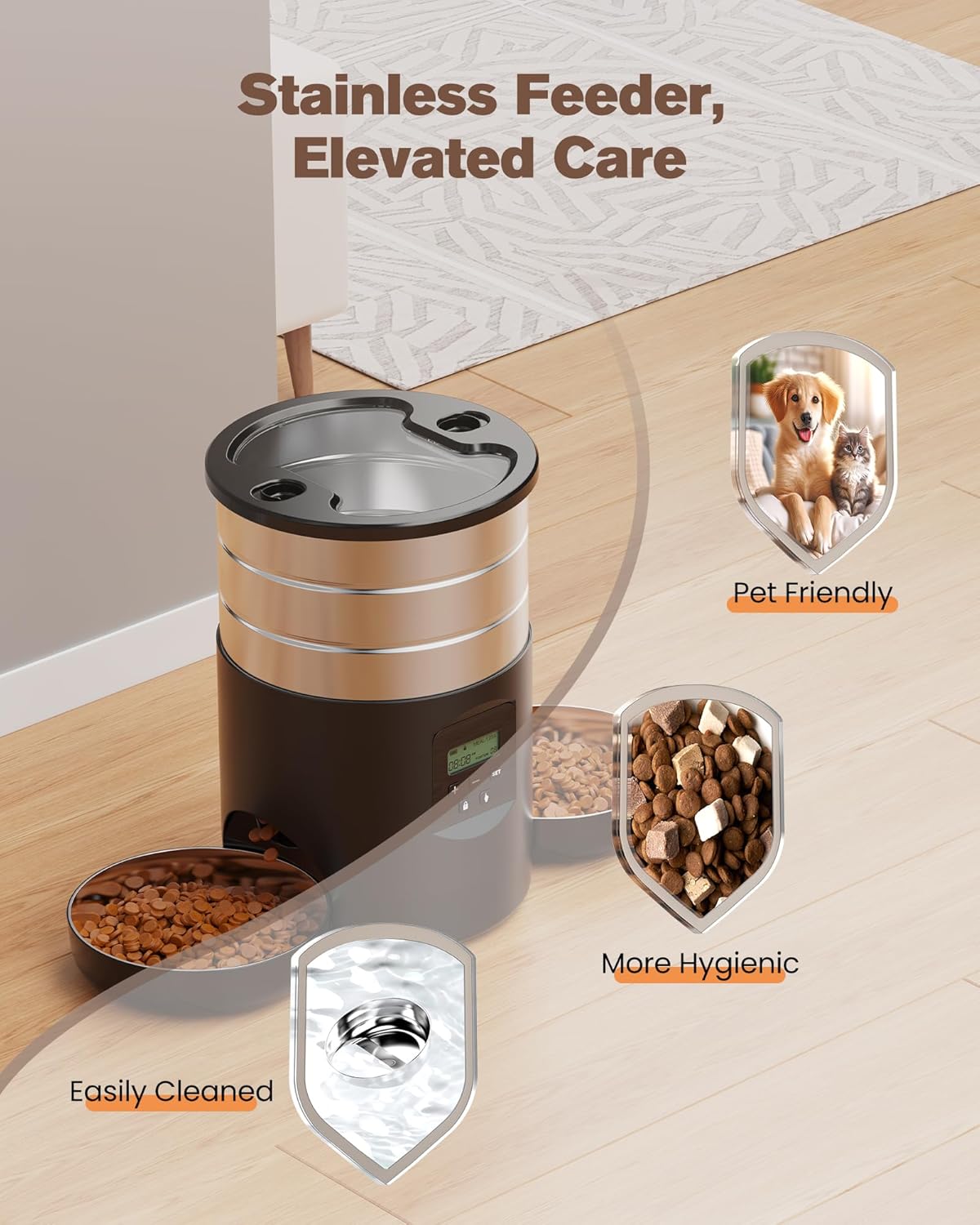 Automatic Cat Feeder For 2 Cats - Stainless Steel Cat Food Dispenser for Fresh Dry Food with Timer - 5L Electric Pet Feeder with Double Bowls Indoor- Auto Small Dog Feeder Dual Power - Button Control