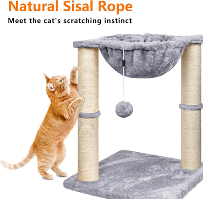 Cat Scratching Post, 50cm Cat Tree with Cat Hammock Bed, Scratching Posts for Indoor Cats with Hanging Ball Toy, Small Cat Tree for Kitten Pets Playing and Relaxing, Grey