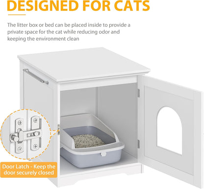 Litter Box Enclosure, Indoor Wooden Cat House for Bathroom, Bedroom & Living Room, White Washroom Litter Cabinet with Holes, Door Latch & Side Bar