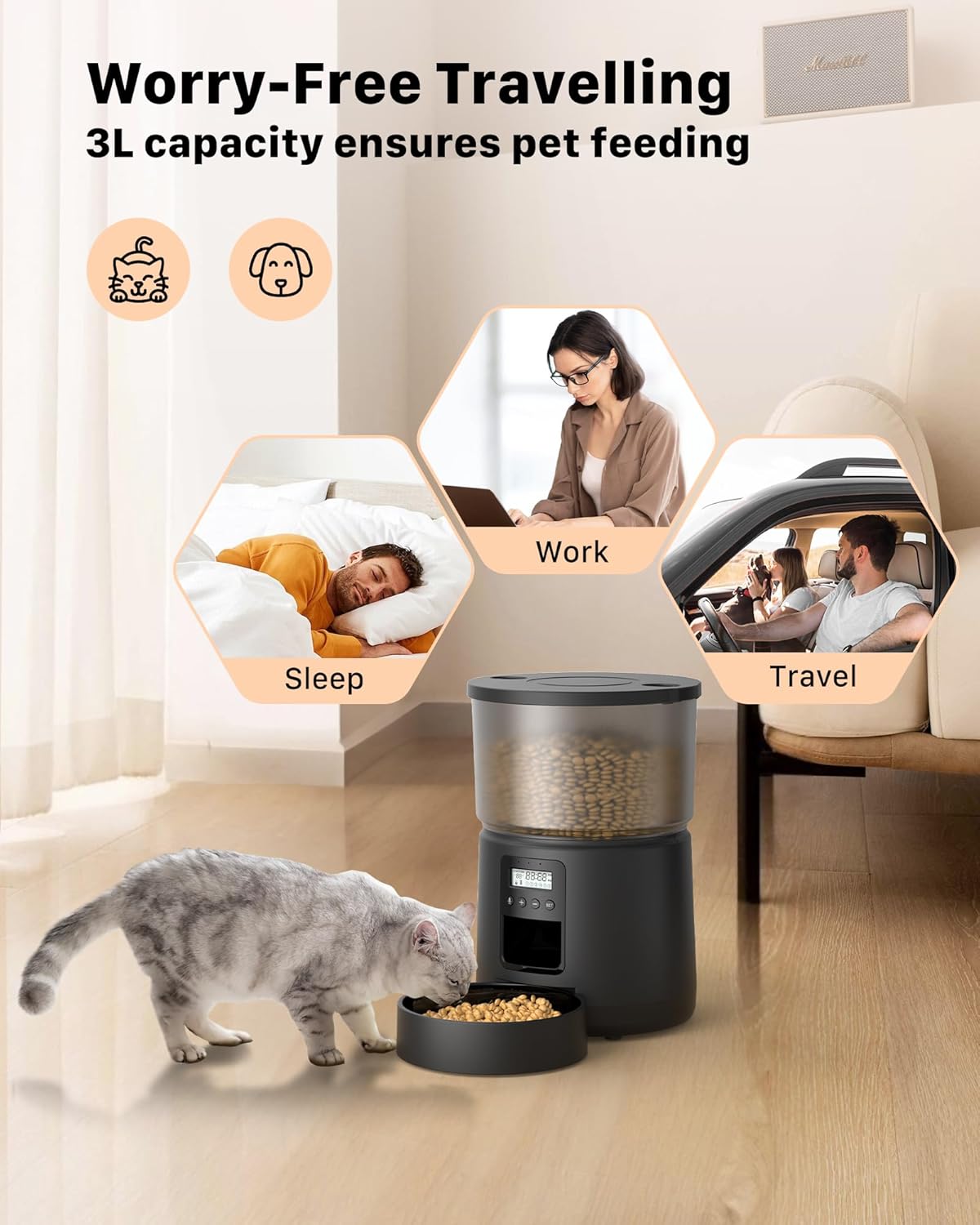Automatic Cat Feeder Dry Food: Cat Feeder with Timer - Pet Food Dispenser Button Control 1-6 Meals - 3L Auto Dog Bowl with Customize Feeding Schedule - 10s Voice Recorder - Contains Desiccant
