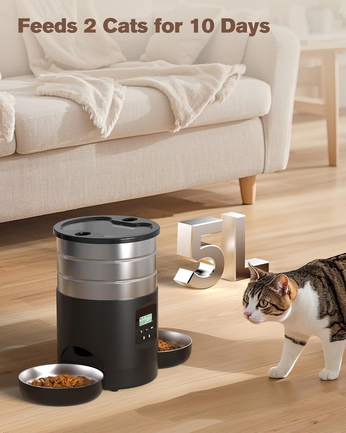 Automatic Cat Feeder For 2 Cats - Stainless Steel Cat Food Dispenser for Fresh Dry Food with Timer - 5L Electric Pet Feeder with Double Bowls Indoor- Auto Small Dog Feeder Dual Power - Button Control