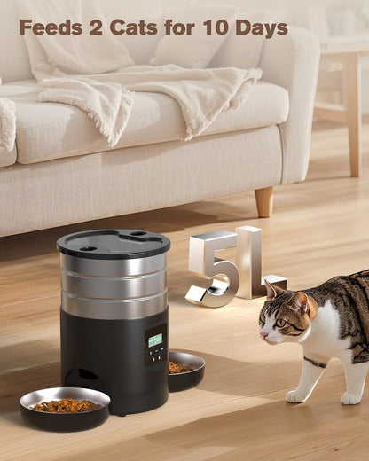 Automatic Cat Feeder For 2 Cats - Stainless Steel Cat Food Dispenser for Fresh Dry Food with Timer - 5L Electric Pet Feeder with Double Bowls Indoor- Auto Small Dog Feeder Dual Power - Button Control