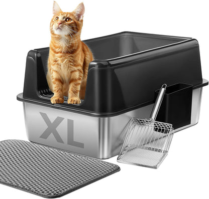 Cat Litter Box, Enclosed Stainless Steel Cat Litter Box with Lid & Drawer Design, Litter Tray with lid for Indoor Cats, Baffles for Anti-Leakage, with Scoop & Mat, Smell Free