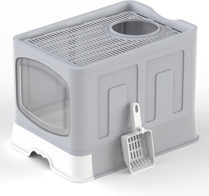 Large Cat Litter Box Litter Tray, Foldable Litter Box with Lid, Scoop, Flap Door, Slide-Out Tray for Easy Cleaning, Large Anti-Splashing Hooded Space Cat Litter Tray