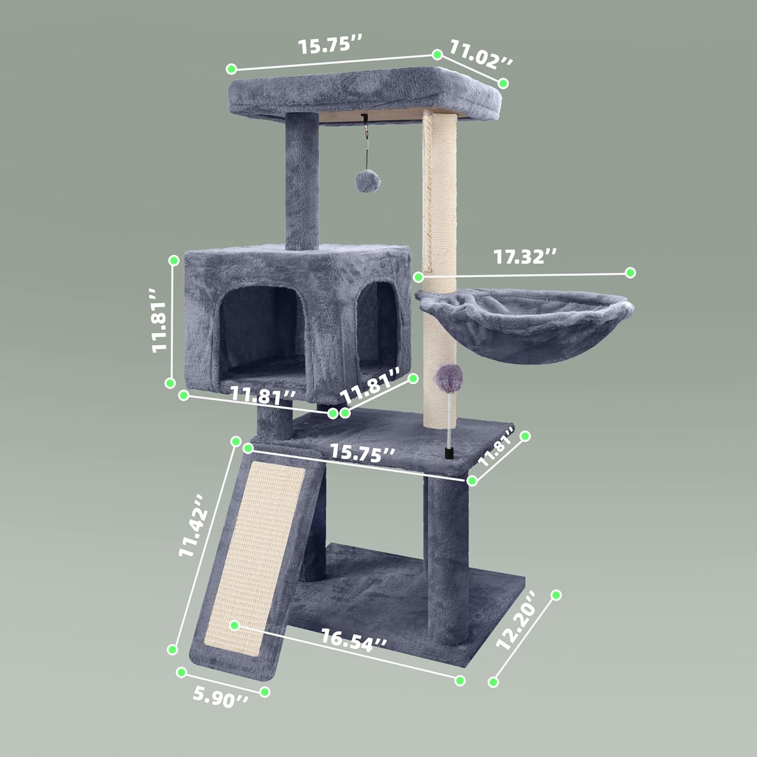 Multi Level Cat Tree Climbing Tower with Scratching Posts, Kitten Activity Centre with Condo and Hammock Bed,Cat Play Tree Tower for Indoor Cats,Grey