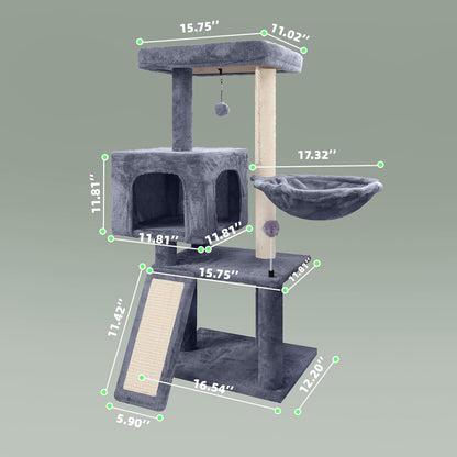 Multi Level Cat Tree Climbing Tower with Scratching Posts, Kitten Activity Centre with Condo and Hammock Bed,Cat Play Tree Tower for Indoor Cats,Grey
