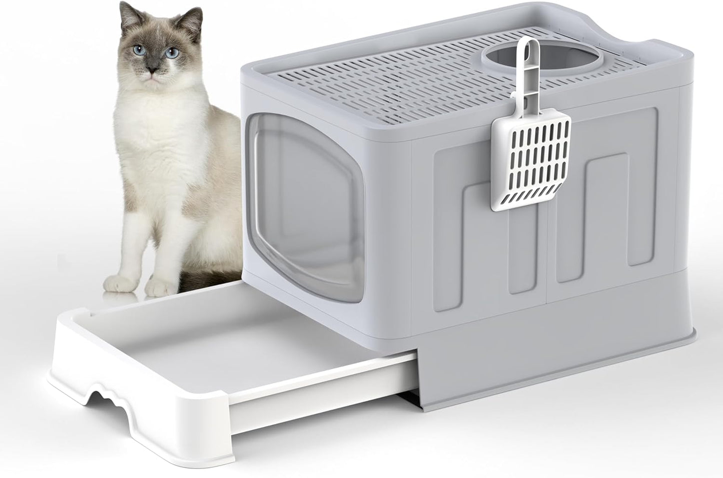 Large Cat Litter Box Litter Tray, Foldable Litter Box with Lid, Scoop, Flap Door, Slide-Out Tray for Easy Cleaning, Large Anti-Splashing Hooded Space Cat Litter Tray
