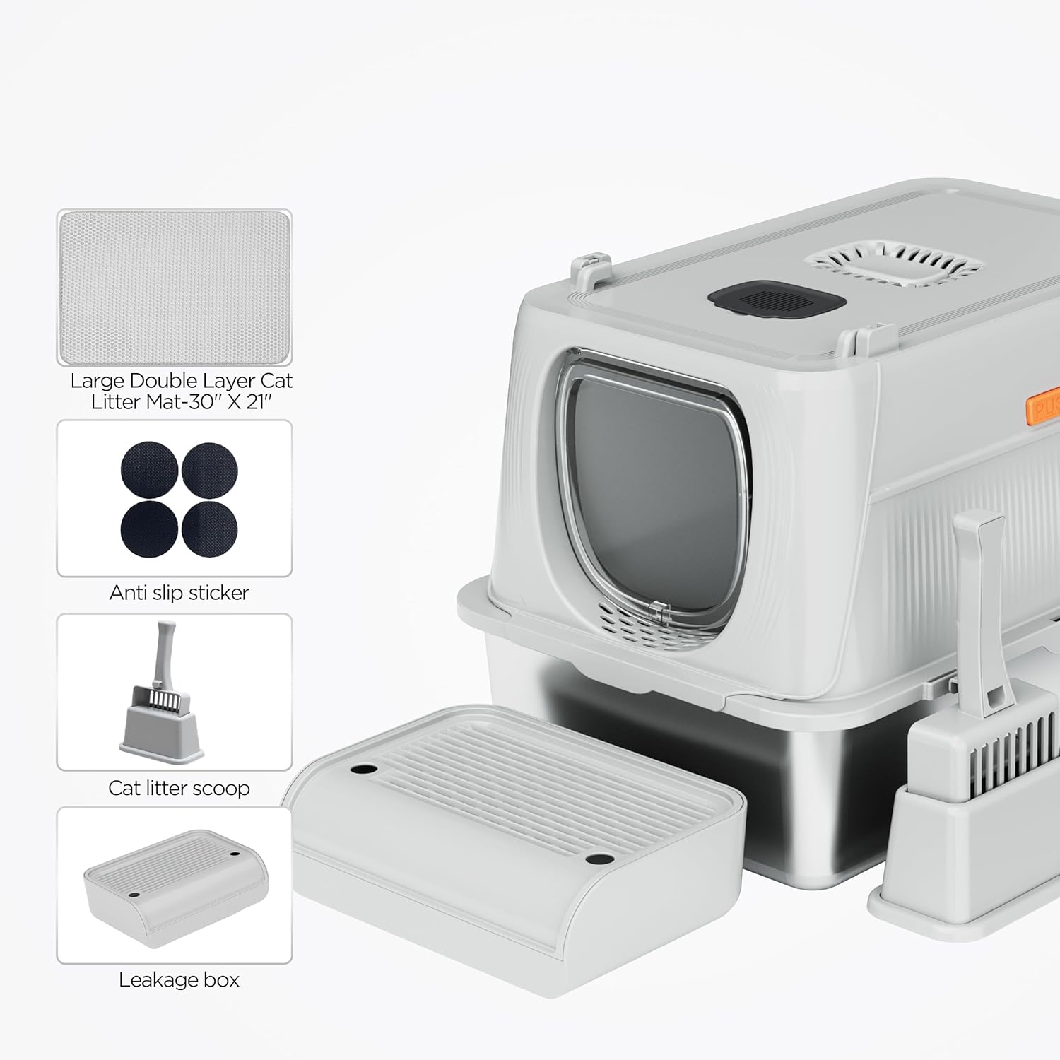 Citylife XL Stainless Steel Cat Litter Box with Lid, Extra Large Enclosed Removable Metal Litter Tray with Litter Scoop&Double Layer Litter Mat, Non-Sticky, Non-Odor, Easy Cleaning, for Big Cats