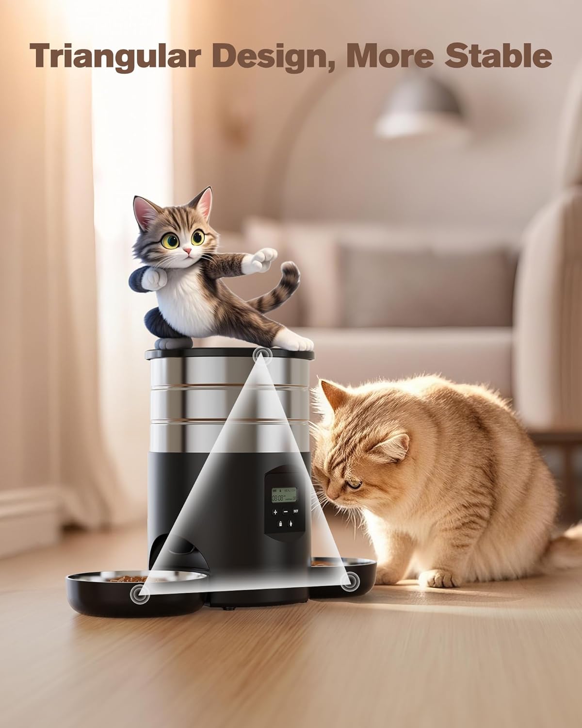 Automatic Cat Feeder For 2 Cats - Stainless Steel Cat Food Dispenser for Fresh Dry Food with Timer - 5L Electric Pet Feeder with Double Bowls Indoor- Auto Small Dog Feeder Dual Power - Button Control