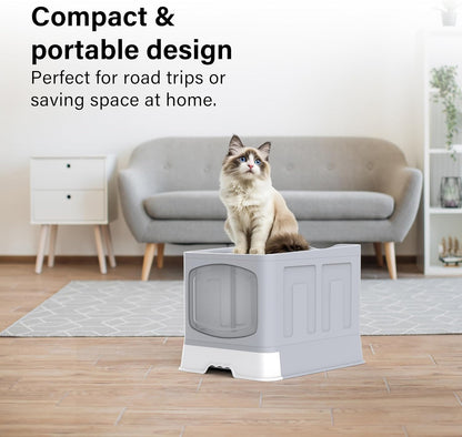 Large Cat Litter Box Litter Tray, Foldable Litter Box with Lid, Scoop, Flap Door, Slide-Out Tray for Easy Cleaning, Large Anti-Splashing Hooded Space Cat Litter Tray