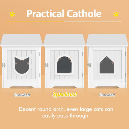 Litter Box Enclosure, Indoor Wooden Cat House for Bathroom, Bedroom & Living Room, White Washroom Litter Cabinet with Holes, Door Latch & Side Bar