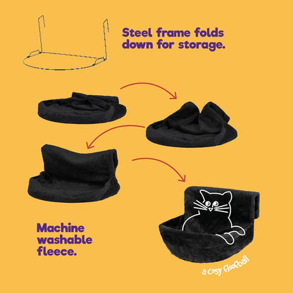 Deluxe Radiator Cat Bed, Round Cosy and warm fleece beds Basket Cradle Hammock, Solid & Durable Iron Frame handling heavier Animals, Perfect for Cats, Kittens, Puppy Dog (Black)