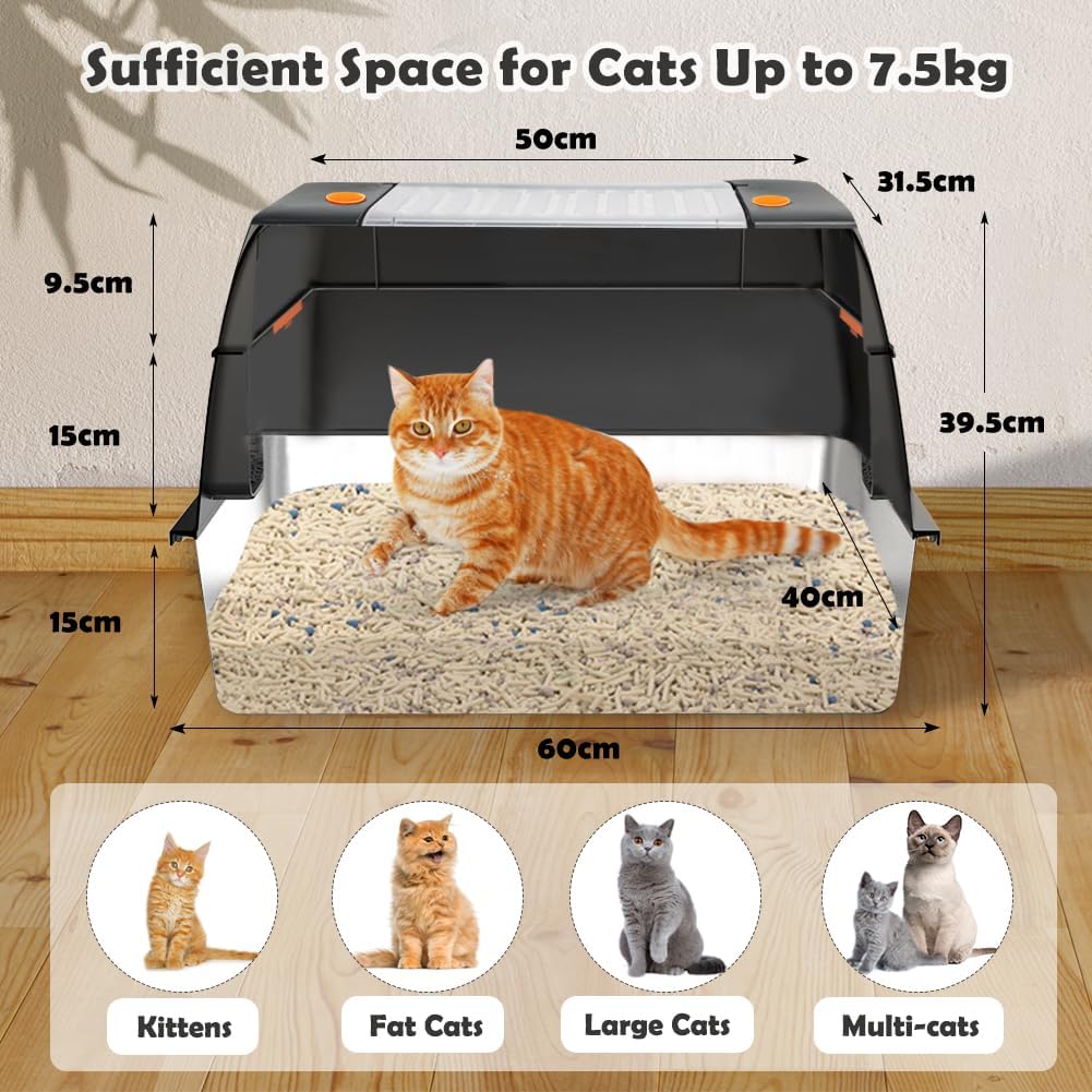 Stainless Steel Cat Litter Tray, High-Sided, Removable and Metal Enclosed Stainless Steel Cat Litter Box with Lid with Scoop, Steps and Mat (Black)