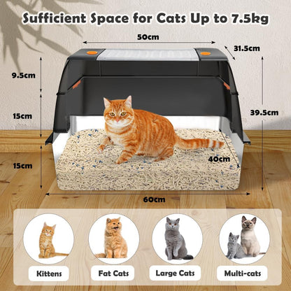 Stainless Steel Cat Litter Tray, High-Sided, Removable and Metal Enclosed Stainless Steel Cat Litter Box with Lid with Scoop, Steps and Mat (Black)