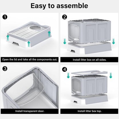 Large Cat Litter Box Litter Tray, Foldable Litter Box with Lid, Scoop, Flap Door, Slide-Out Tray for Easy Cleaning, Large Anti-Splashing Hooded Space Cat Litter Tray