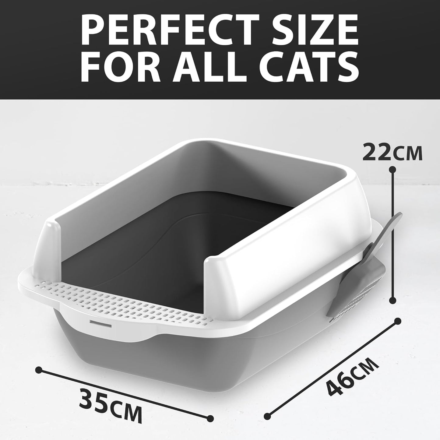 Cat Litter Tray | Litter Tray With Scoop | Cat Litter Box | Kitten Litter Tray With Open Top | Large Tray With Detachable Rim | Non Stick Surface | Splash Guards | 35 x 45 x 22cm