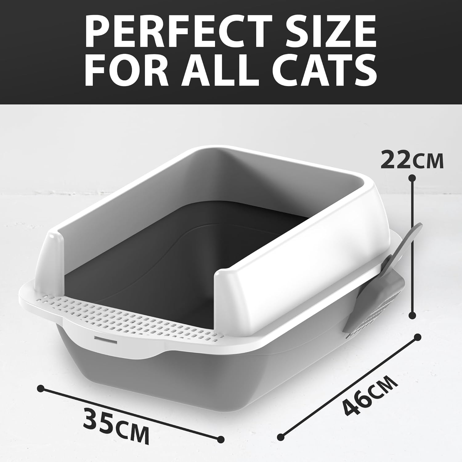 Cat Litter Tray | Litter Tray With Scoop | Cat Litter Box | Kitten Litter Tray With Open Top | Large Tray With Detachable Rim | Non Stick Surface | Splash Guards | 35 x 45 x 22cm