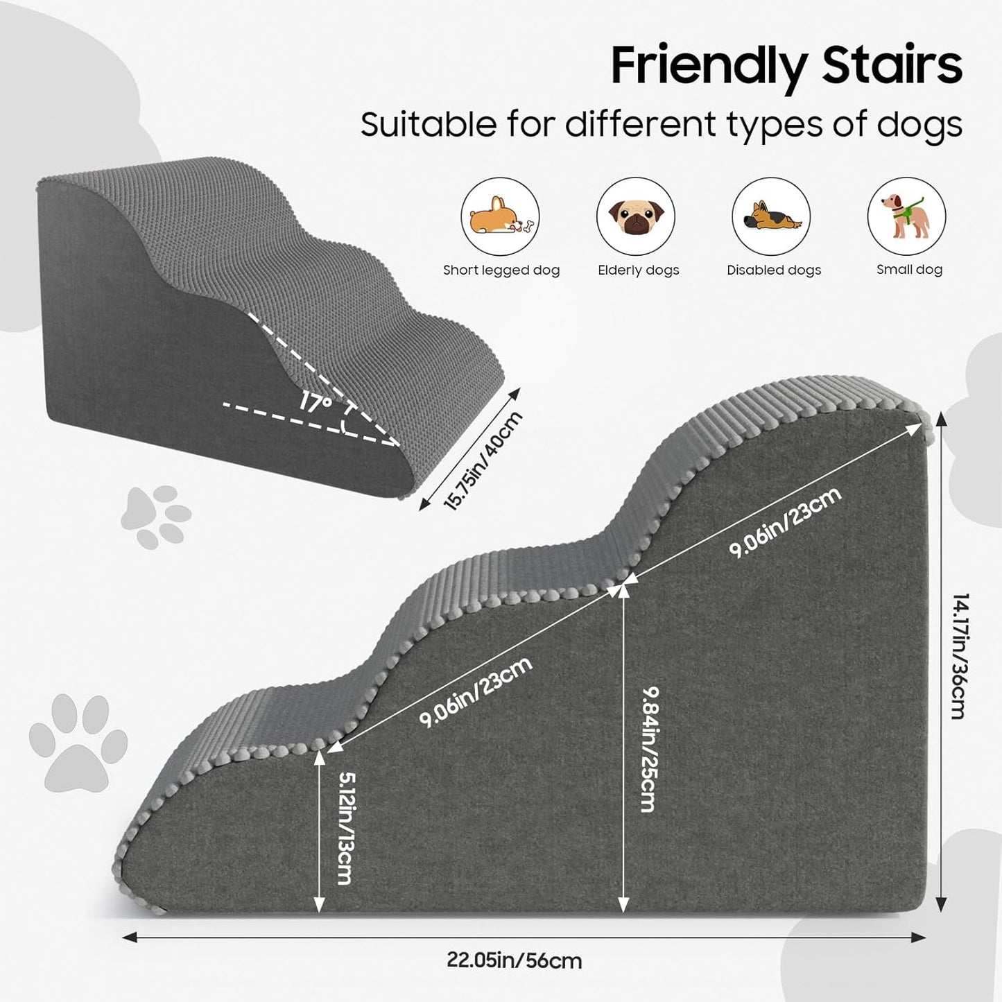 Pet Stairs for Small Dogs & Cats – Comfortable Curved Design, Waterproof Cover, High-Density Foam Steps, Durable & Lightweight, 3-Layer Structure, 21.7 x 15.7 x 13.8 Inches – Grey