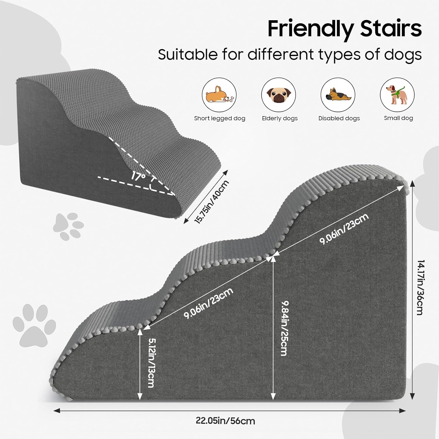 Pet Stairs for Small Dogs & Cats – Comfortable Curved Design, Waterproof Cover, High-Density Foam Steps, Durable & Lightweight, 3-Layer Structure, 21.7 x 15.7 x 13.8 Inches – Grey