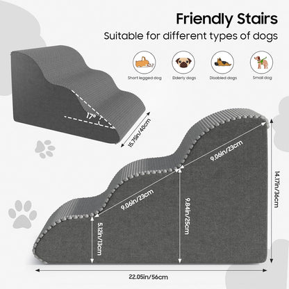 Pet Stairs for Small Dogs & Cats – Comfortable Curved Design, Waterproof Cover, High-Density Foam Steps, Durable & Lightweight, 3-Layer Structure, 21.7 x 15.7 x 13.8 Inches – Grey