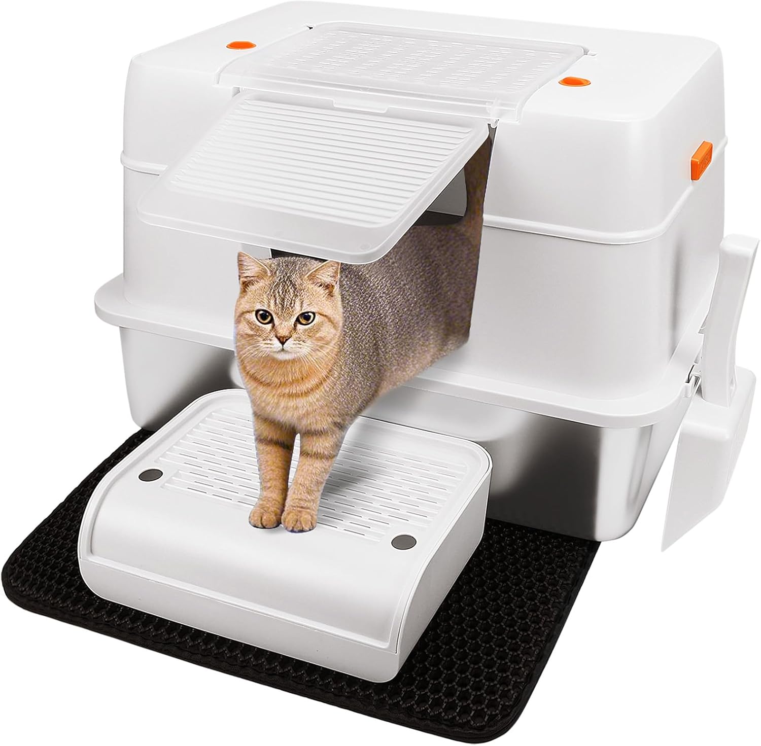 Stainless Steel Enclosed Cat Litter Box with Lid - High-Sided with Scoop & Mat