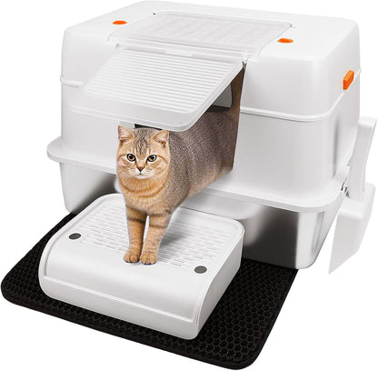 Stainless Steel Enclosed Cat Litter Box with Lid - High-Sided with Scoop & Mat