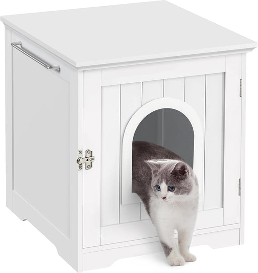 Litter Box Enclosure, Indoor Wooden Cat House for Bathroom, Bedroom & Living Room, White Washroom Litter Cabinet with Holes, Door Latch & Side Bar