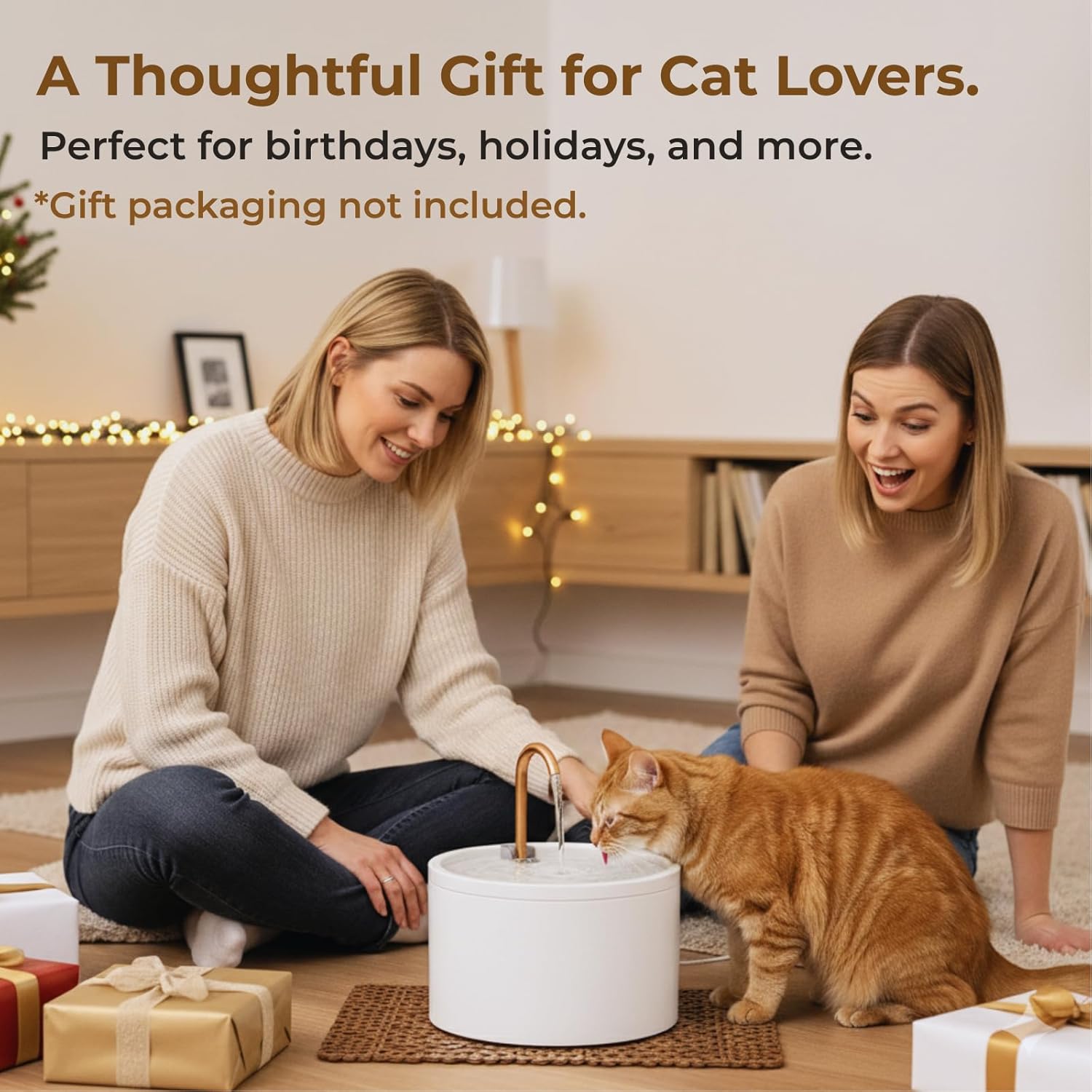 Ceramic Cat Fountain, Copper Spout 2.1L Cat Water Fountain for Drinking, Ultra Silent Water Dispenser for Pet, Triple Filtration System, Hygienic & Easy Clean, Stylish Design (White)