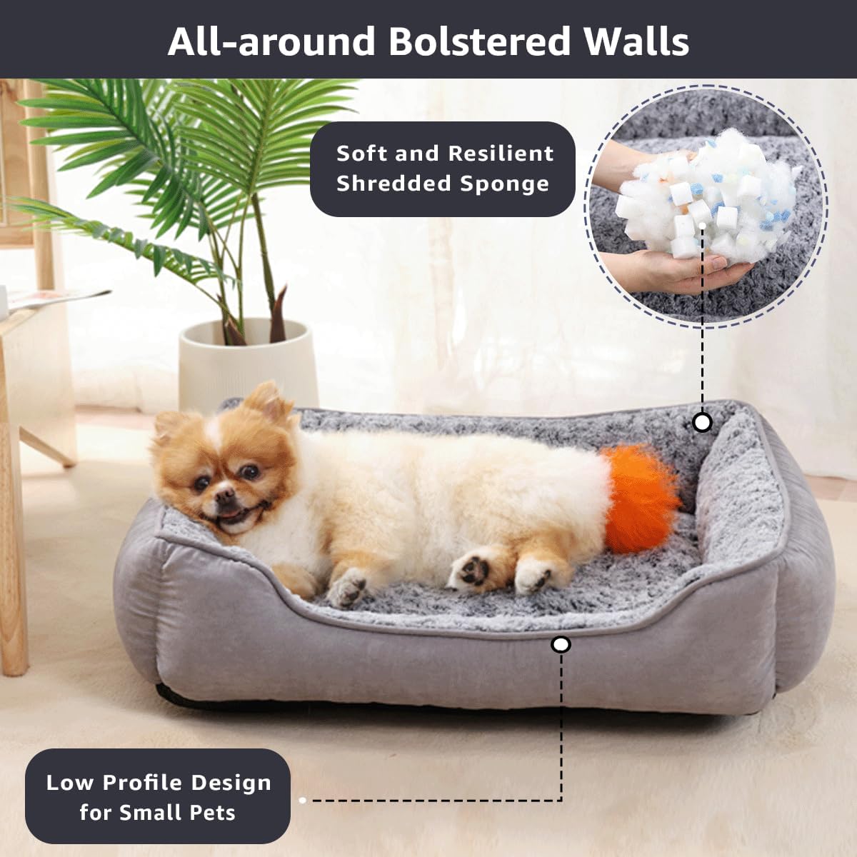 Small Dog Sofa Bed Washable, Soft Plush Calming Beds with Non-Slip Bottom - Anti-Anxiety Rectangle Puppy Mat (60 x 45 cm, Grey)
