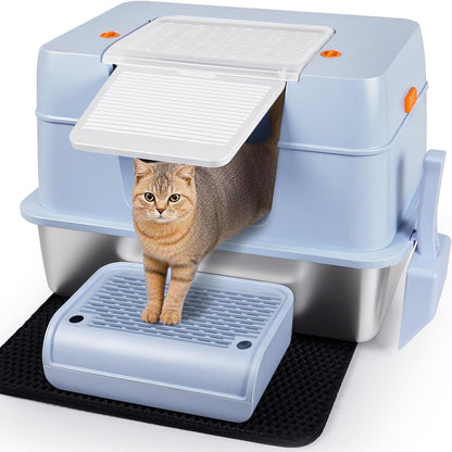 Stainless Steel Enclosed Cat Litter Box with Lid - High-Sided with Scoop & Mat