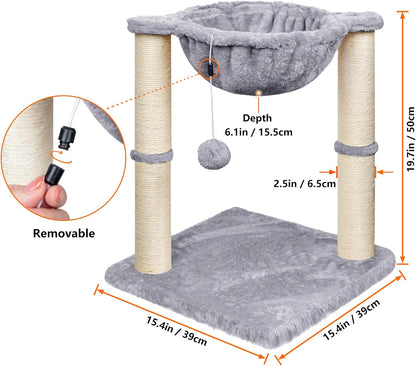 Cat Scratching Post, 50cm Cat Tree with Cat Hammock Bed, Scratching Posts for Indoor Cats with Hanging Ball Toy, Small Cat Tree for Kitten Pets Playing and Relaxing, Grey