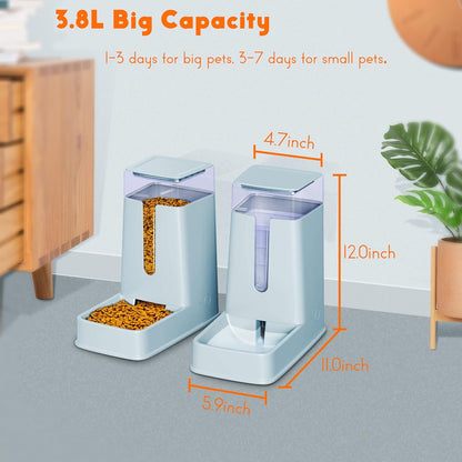 Automatic Pet Feeder Small&Medium Pets Automatic Food Feeder and Waterer Set 3.8L, Travel Supply Feeder and Water Dispenser for Dogs Cats Pets Animals (light gray)