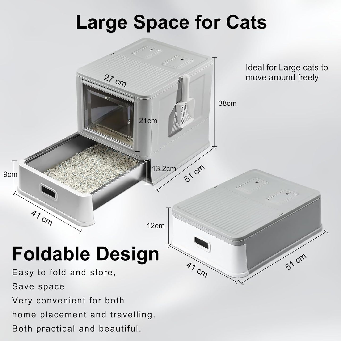 Cat Litter Box, Enclosed Stainless Steel Cat Litter Box with Lid & Drawer Design, Litter Tray with lid for Indoor Cats, Baffles for Anti-Leakage, with Scoop & Mat, Smell Free