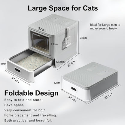 Cat Litter Box, Enclosed Stainless Steel Cat Litter Box with Lid & Drawer Design, Litter Tray with lid for Indoor Cats, Baffles for Anti-Leakage, with Scoop & Mat, Smell Free
