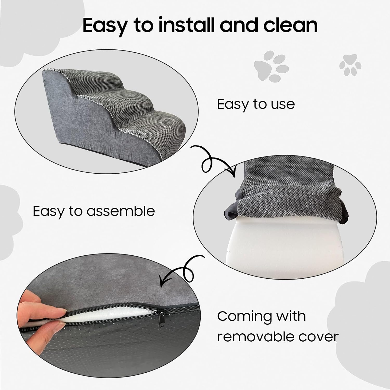 Pet Stairs for Small Dogs & Cats – Comfortable Curved Design, Waterproof Cover, High-Density Foam Steps, Durable & Lightweight, 3-Layer Structure, 21.7 x 15.7 x 13.8 Inches – Grey