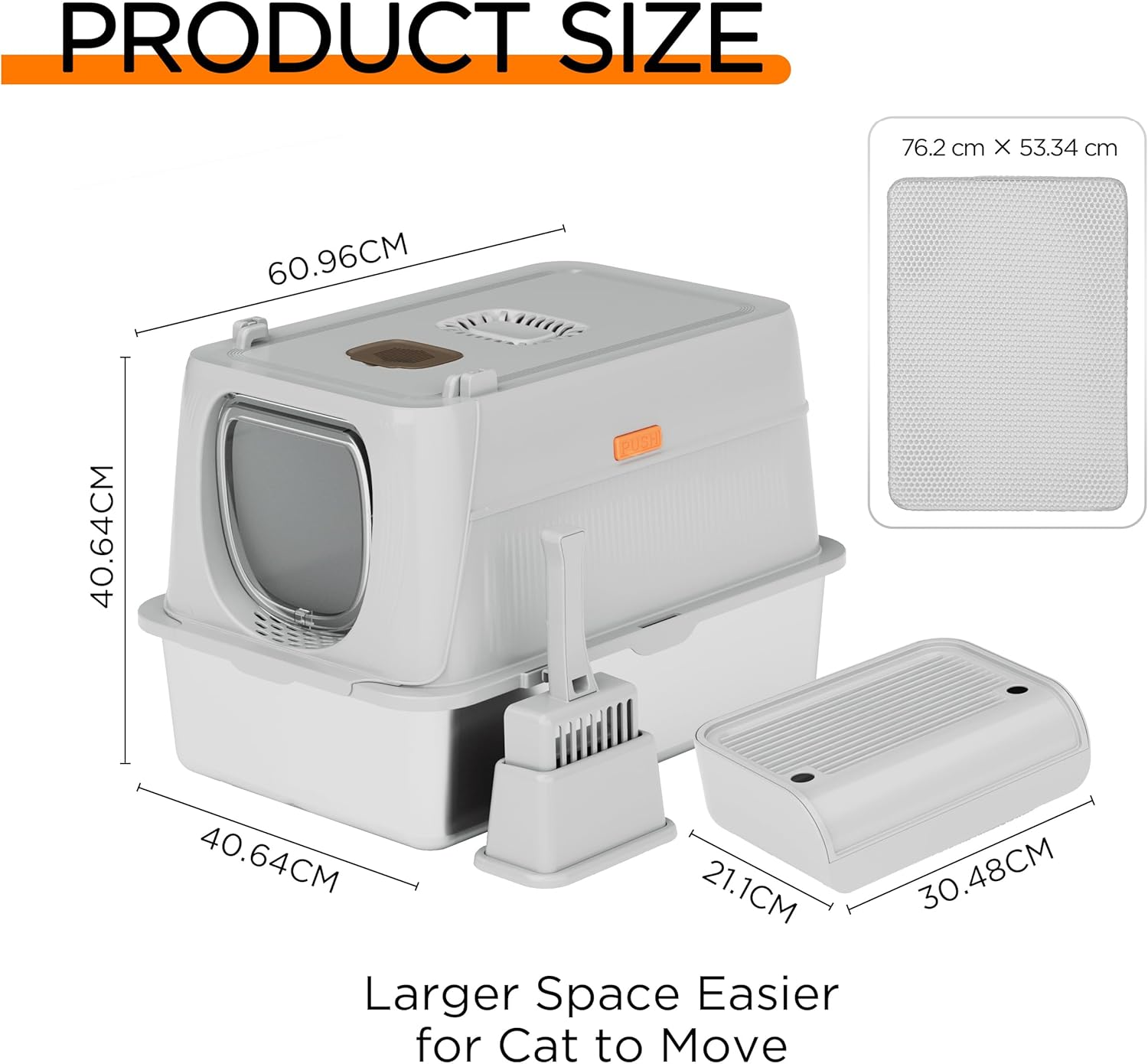 Citylife XL Stainless Steel Cat Litter Box with Lid, Extra Large Enclosed Removable Metal Litter Tray with Litter Scoop&Double Layer Litter Mat, Non-Sticky, Non-Odor, Easy Cleaning, for Big Cats