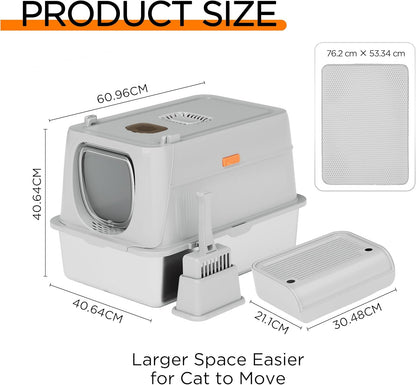 Citylife XL Stainless Steel Cat Litter Box with Lid, Extra Large Enclosed Removable Metal Litter Tray with Litter Scoop&Double Layer Litter Mat, Non-Sticky, Non-Odor, Easy Cleaning, for Big Cats