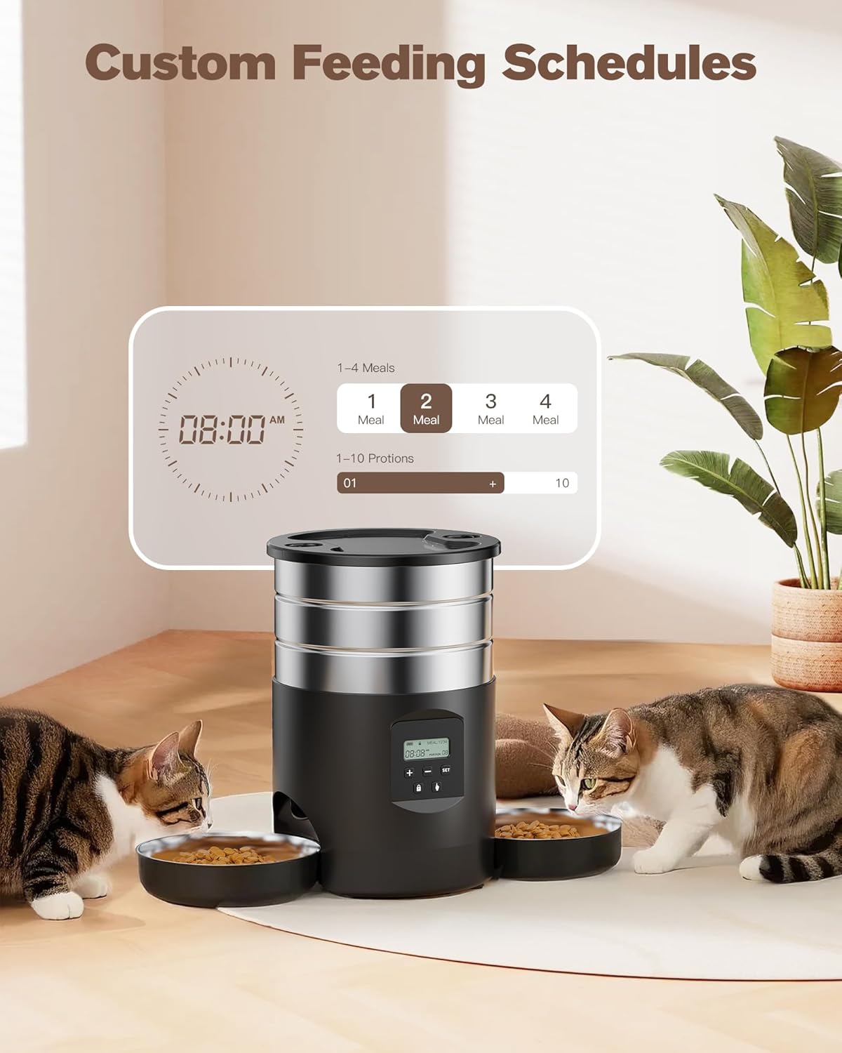 Automatic Cat Feeder For 2 Cats - Stainless Steel Cat Food Dispenser for Fresh Dry Food with Timer - 5L Electric Pet Feeder with Double Bowls Indoor- Auto Small Dog Feeder Dual Power - Button Control
