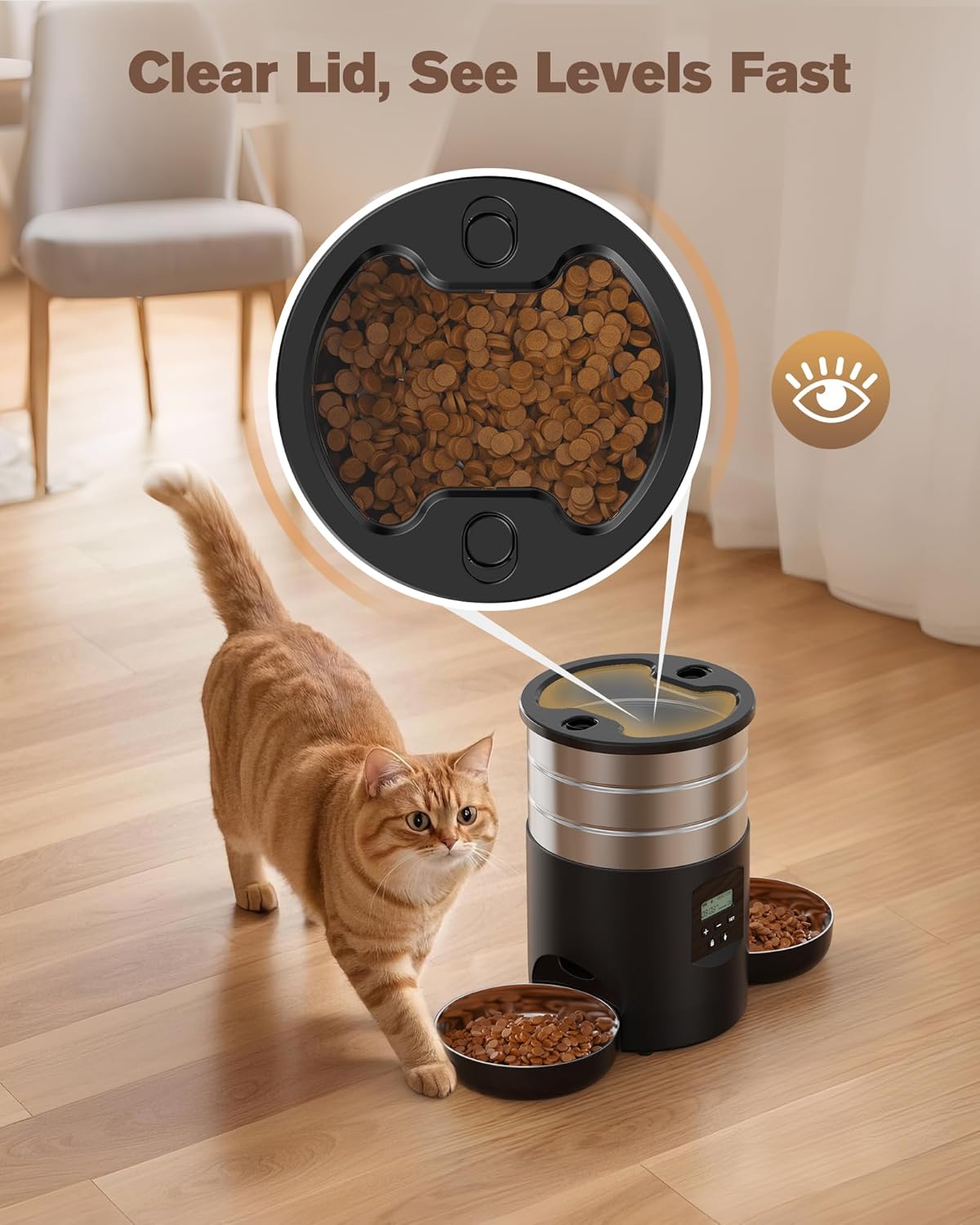 Automatic Cat Feeder For 2 Cats - Stainless Steel Cat Food Dispenser for Fresh Dry Food with Timer - 5L Electric Pet Feeder with Double Bowls Indoor- Auto Small Dog Feeder Dual Power - Button Control