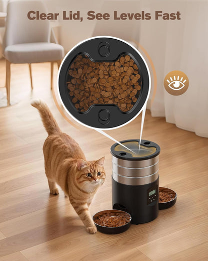 Automatic Cat Feeder For 2 Cats - Stainless Steel Cat Food Dispenser for Fresh Dry Food with Timer - 5L Electric Pet Feeder with Double Bowls Indoor- Auto Small Dog Feeder Dual Power - Button Control